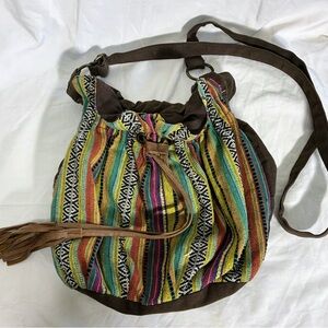 HoboBag purse: Claire's leather, draw string, split strap tribal/Aztec pattern